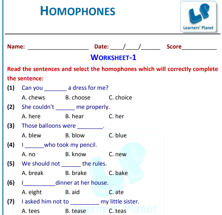 MCQ worksheets on homophone with fill in the blank questions